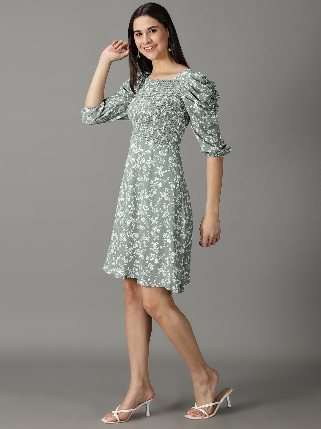 Women's Sea Green Floral Printed Smocked Puff Sleeves A-Line Dress