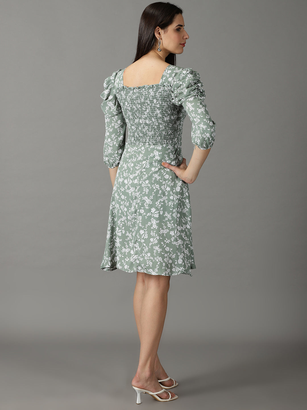 Women's Sea Green Floral Printed Smocked Puff Sleeves A-Line Dress