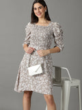 Women's Taupe Floral Printed Smocked Puff Sleeves A-Line Dress