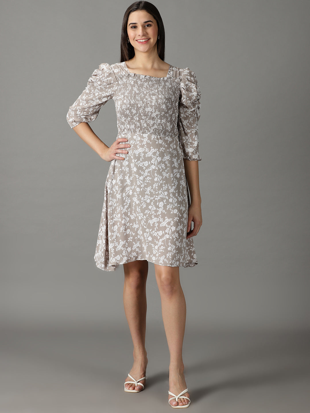 Women's Taupe Floral Printed Smocked Puff Sleeves A-Line Dress