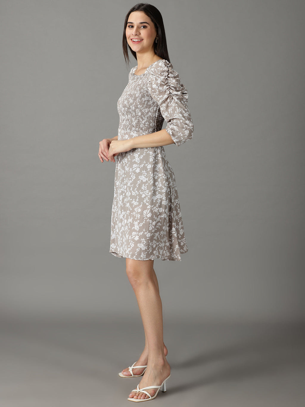 Women's Taupe Floral Printed Smocked Puff Sleeves A-Line Dress