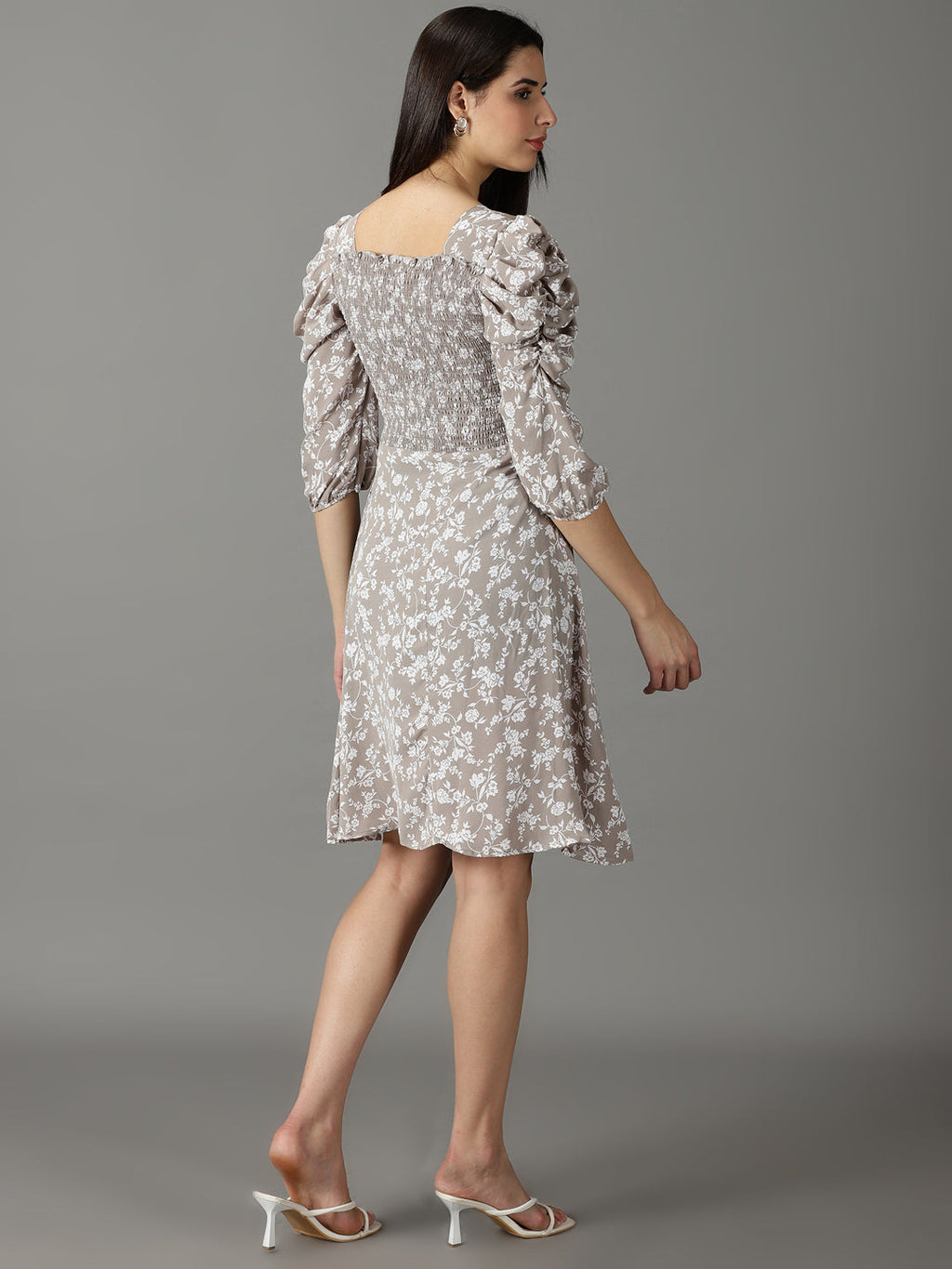 Women's Taupe Floral Printed Smocked Puff Sleeves A-Line Dress
