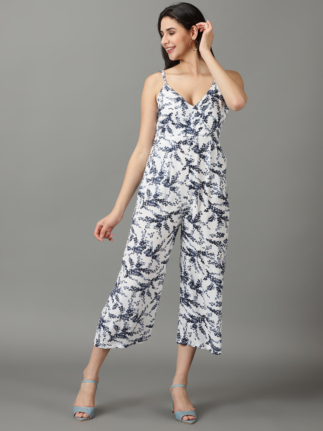 Women's White Floral Printed Culotte Jumpsuit