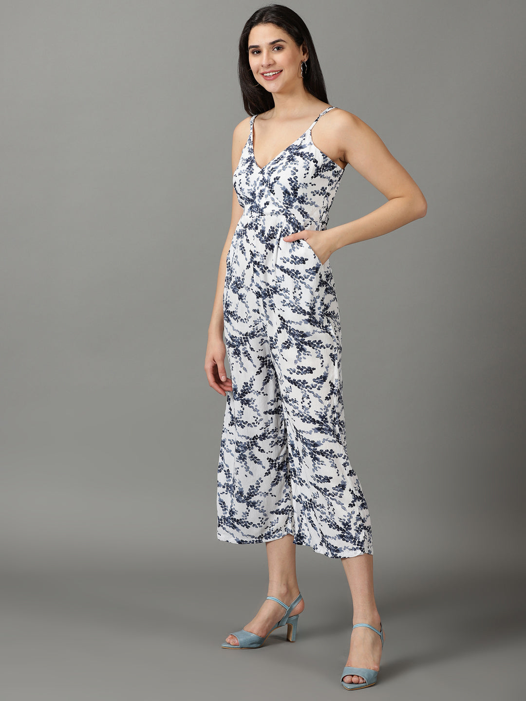 Women's White Floral Printed Culotte Jumpsuit