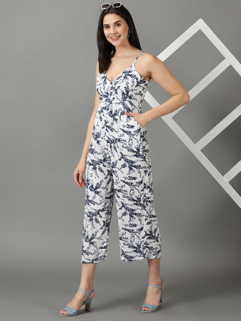 Women's White Floral Printed Culotte Jumpsuit