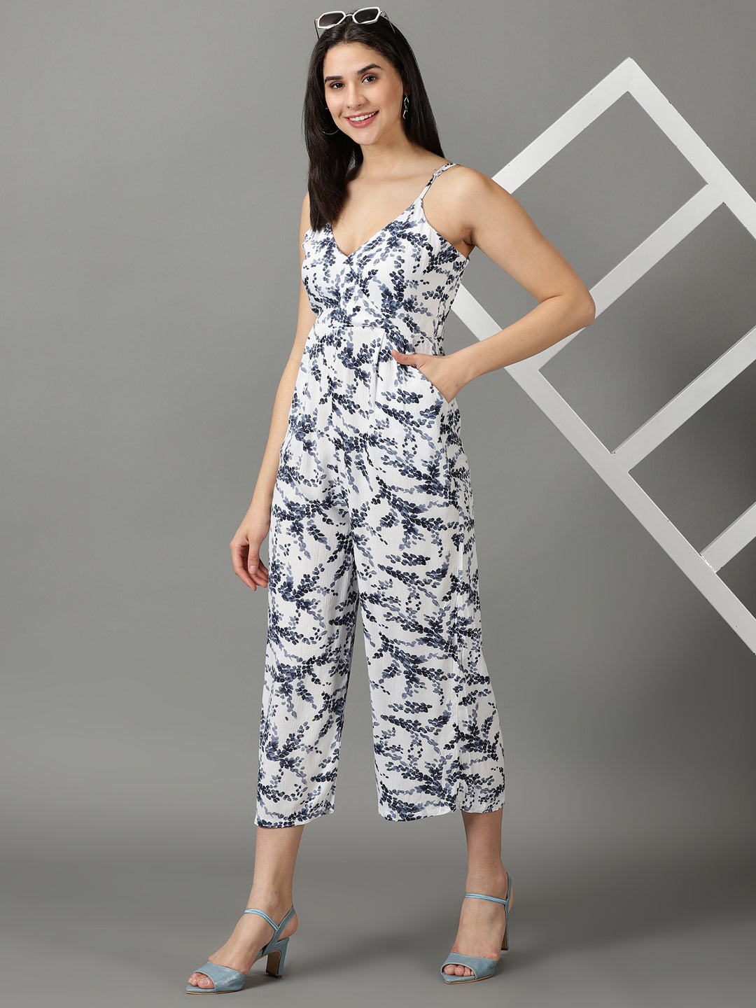 Women's White Floral Printed Culotte Jumpsuit