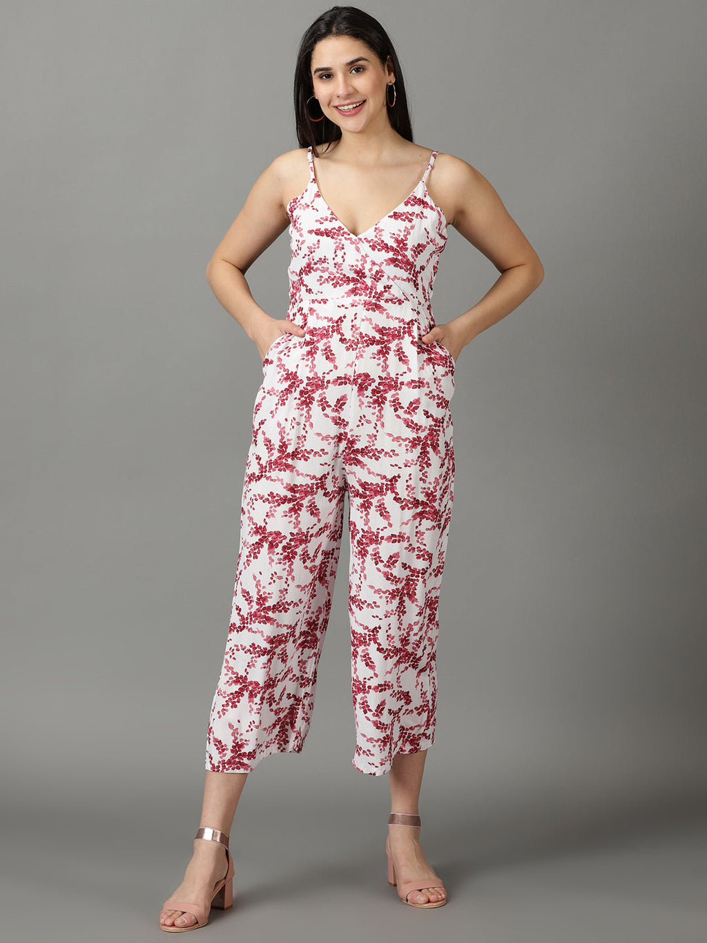 Women's White Printed Shoulder Straps Capri Jumpsuit