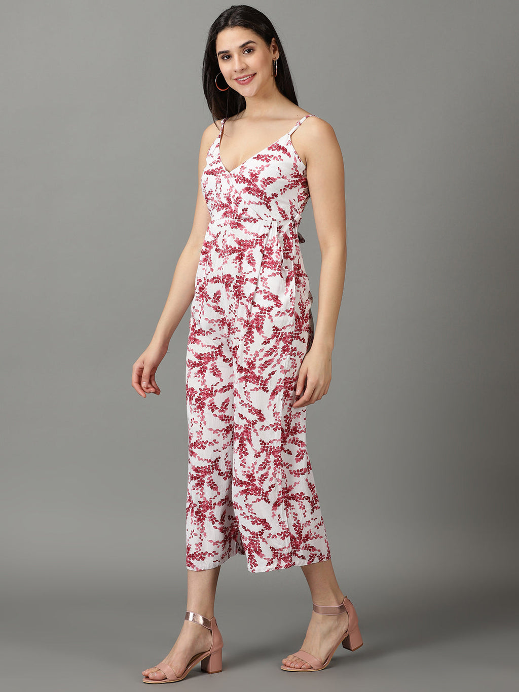 Women's White Printed Shoulder Straps Capri Jumpsuit
