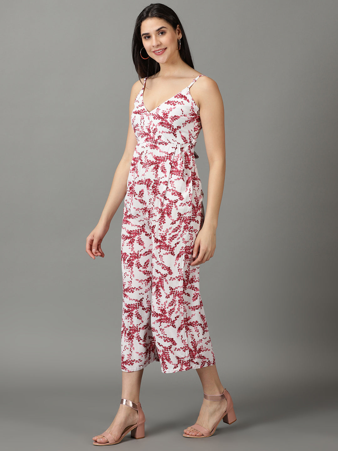 Women's White Printed Shoulder Straps Capri Jumpsuit