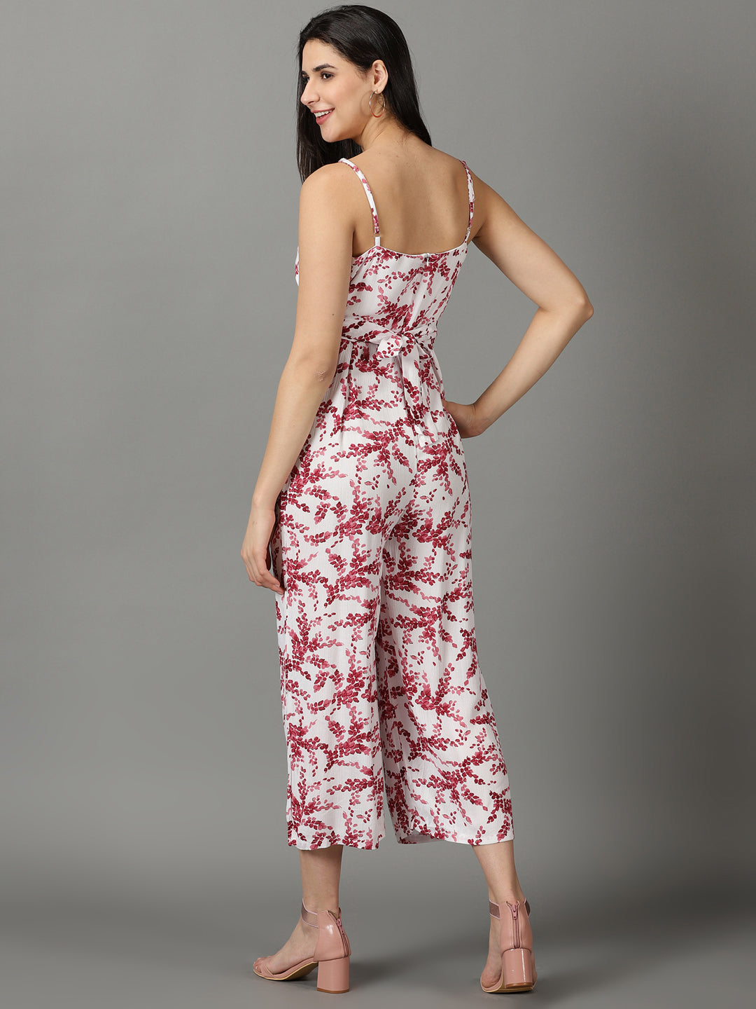 Women's White Printed Shoulder Straps Capri Jumpsuit