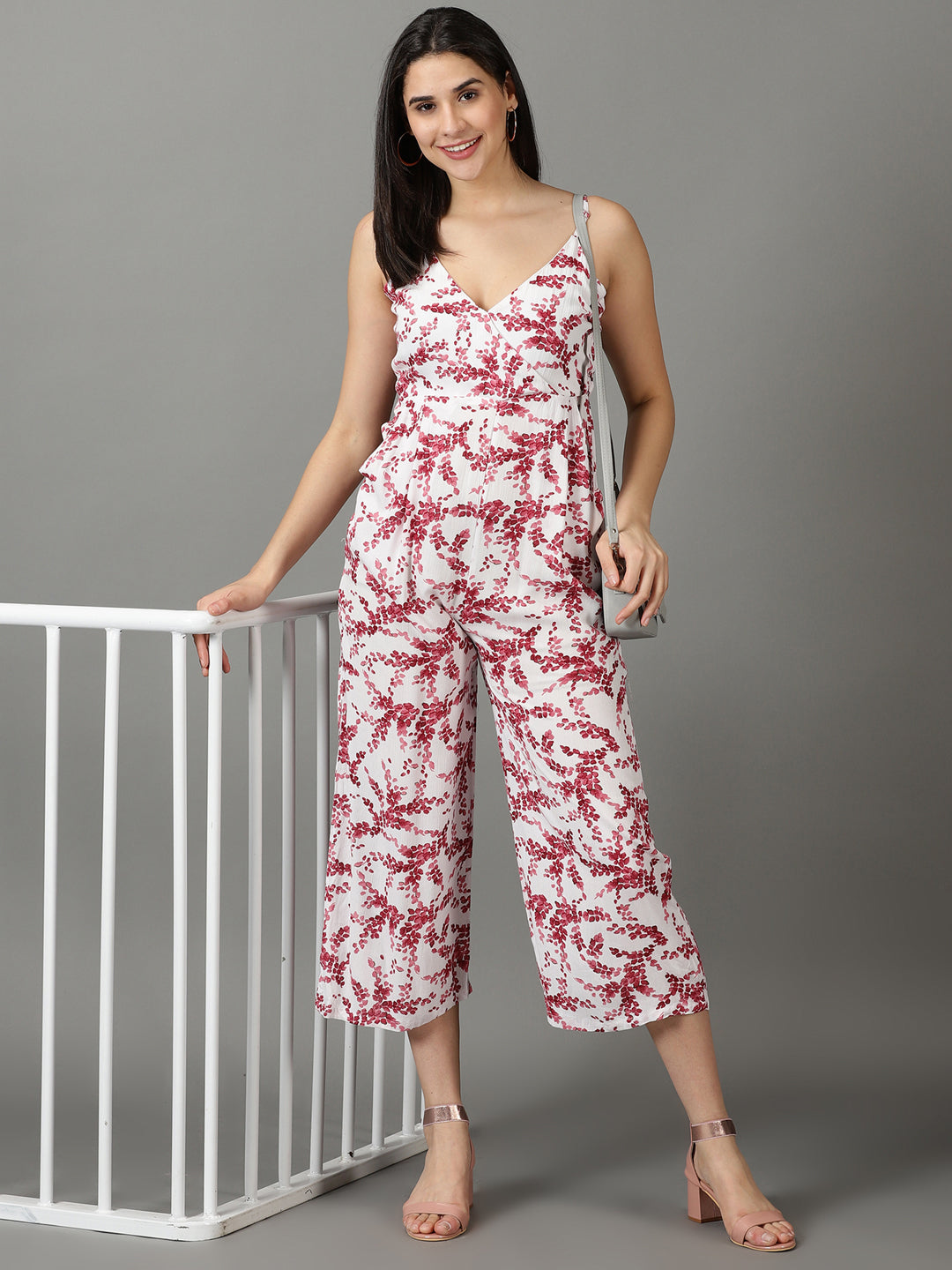 Women's White Printed Shoulder Straps Capri Jumpsuit