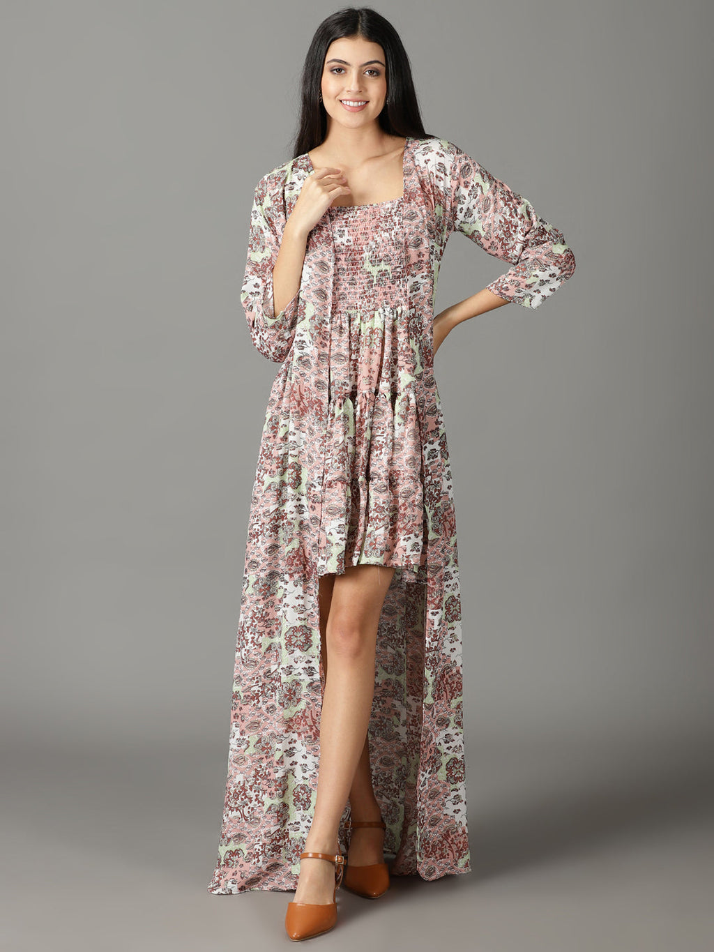 Women's Peach Floral Layered A-Line Dress