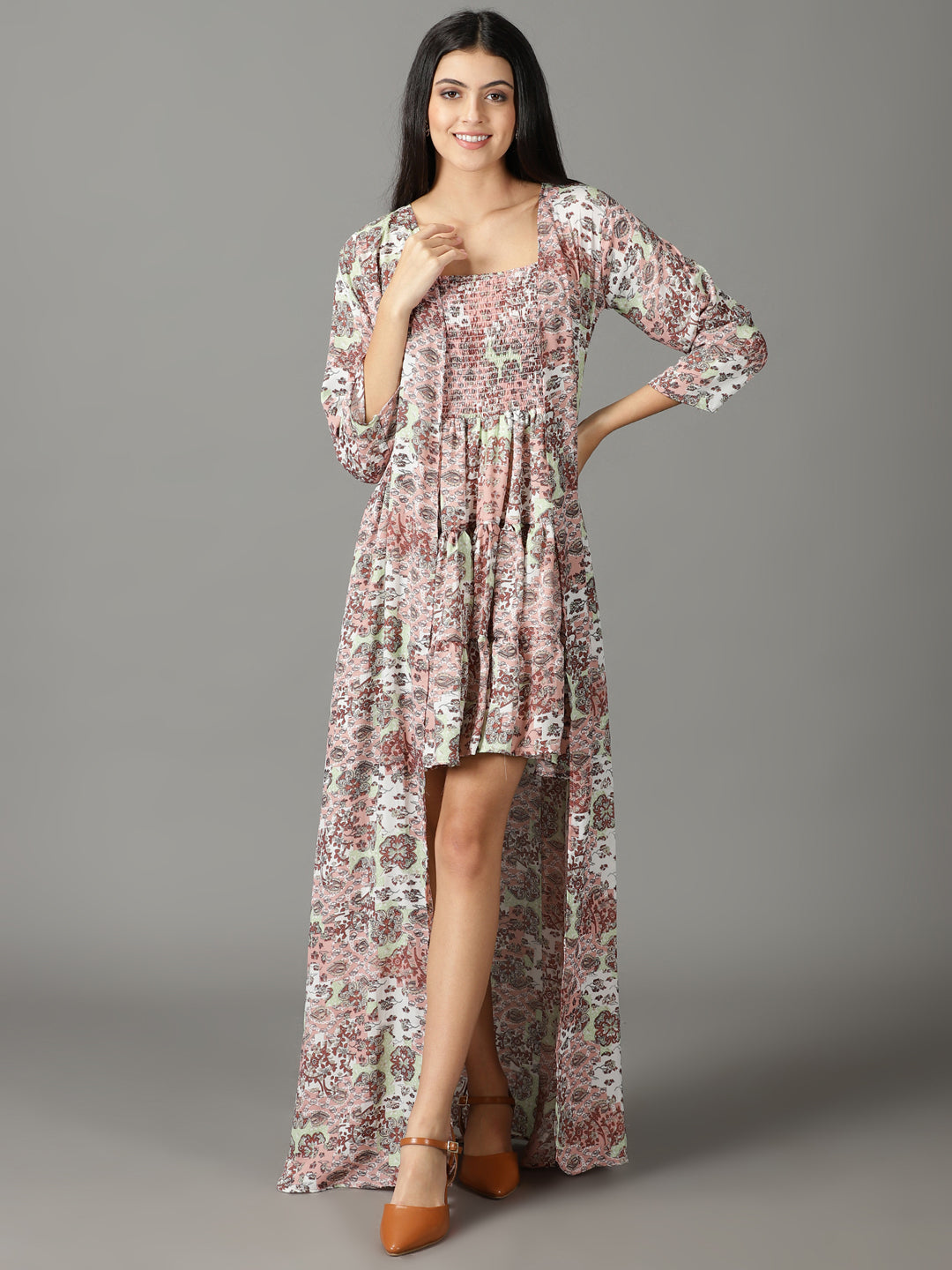 Women's Peach Floral Layered A-Line Dress