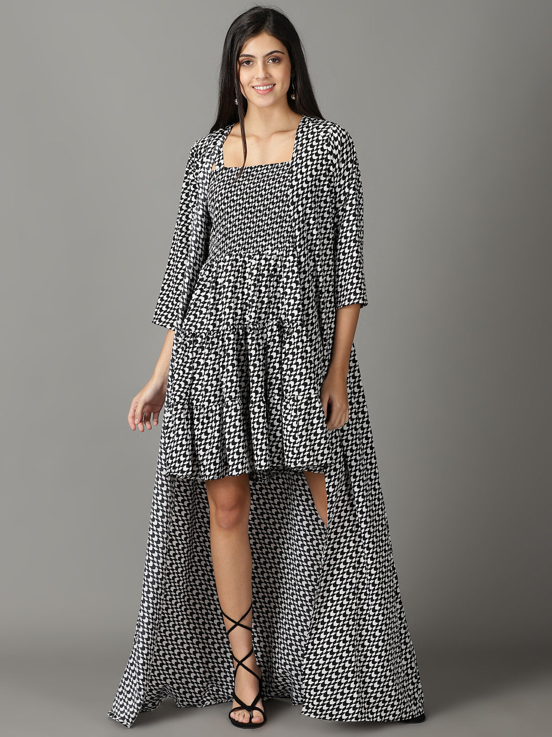 Women's Black Printed Square Neck A-Line Dress