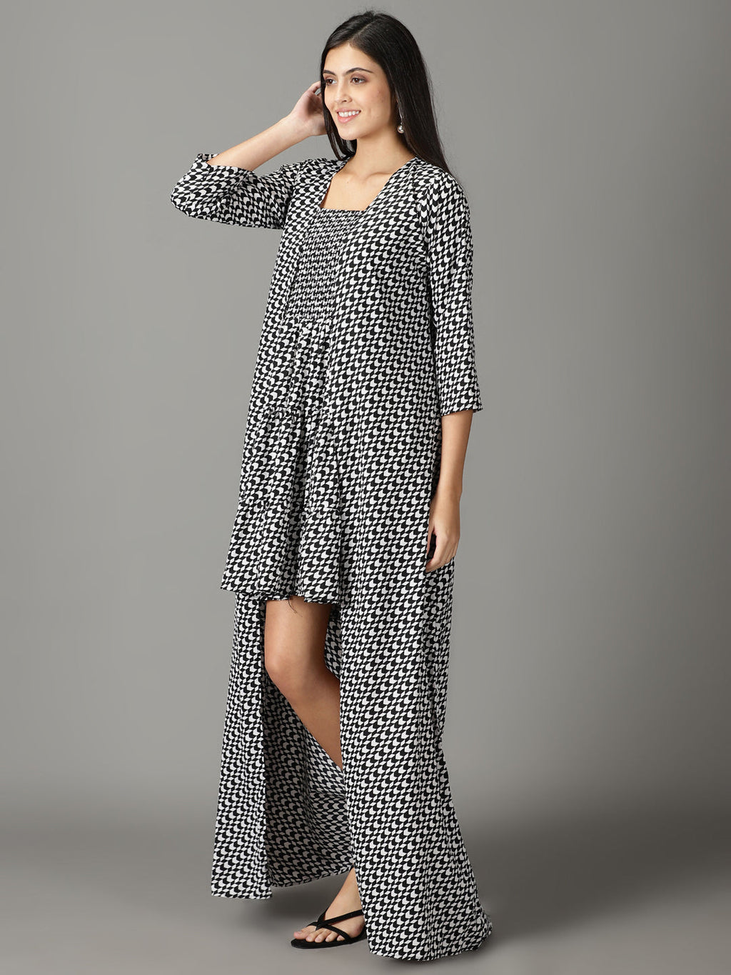 Women's Black Printed Square Neck A-Line Dress