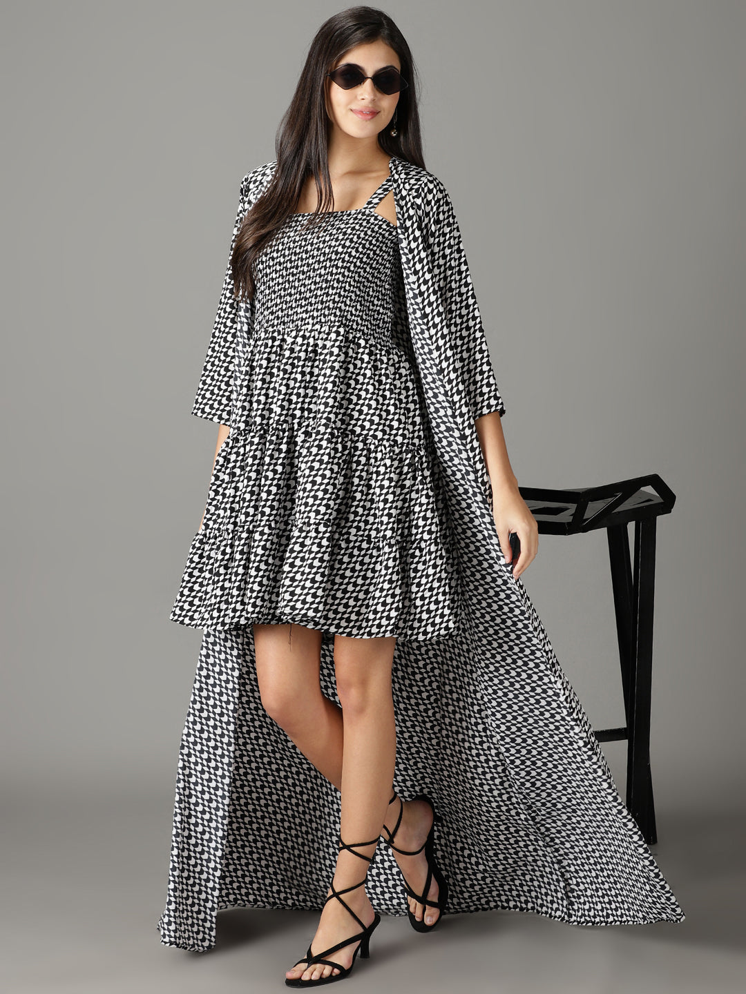 Women's Black Printed Square Neck A-Line Dress