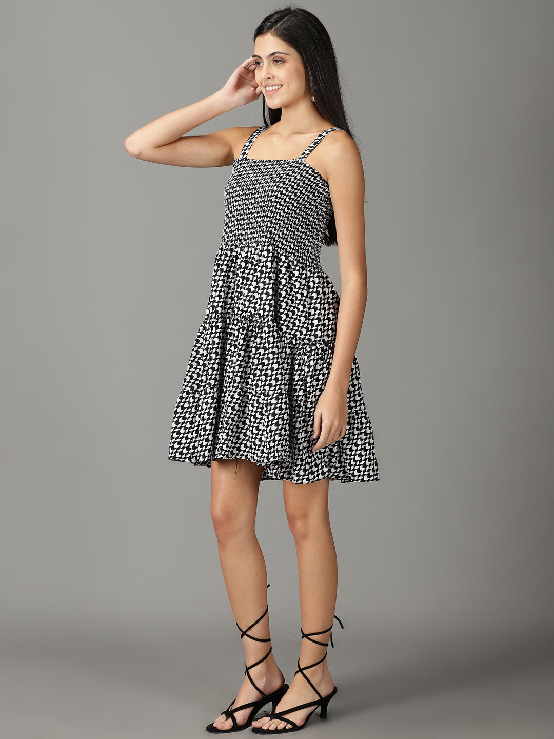 Women's Black Printed Square Neck A-Line Dress