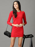 Women's Red Long Sleeves Acrylic Mini Jumper Dress