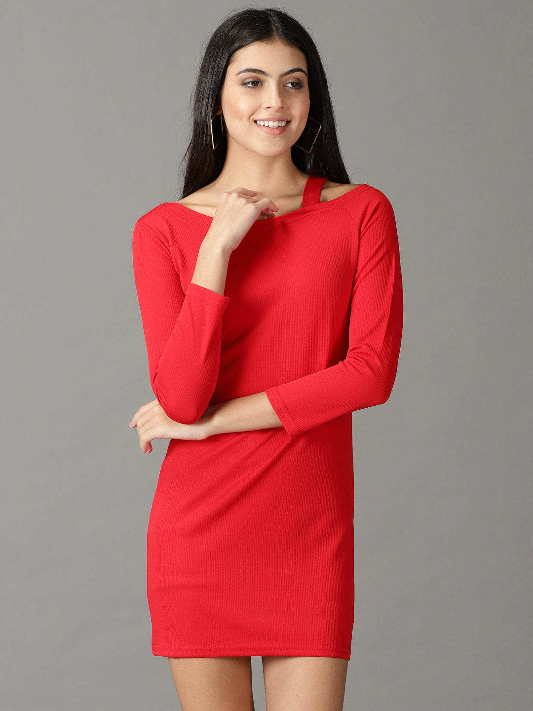 Women's Red Long Sleeves Acrylic Mini Jumper Dress
