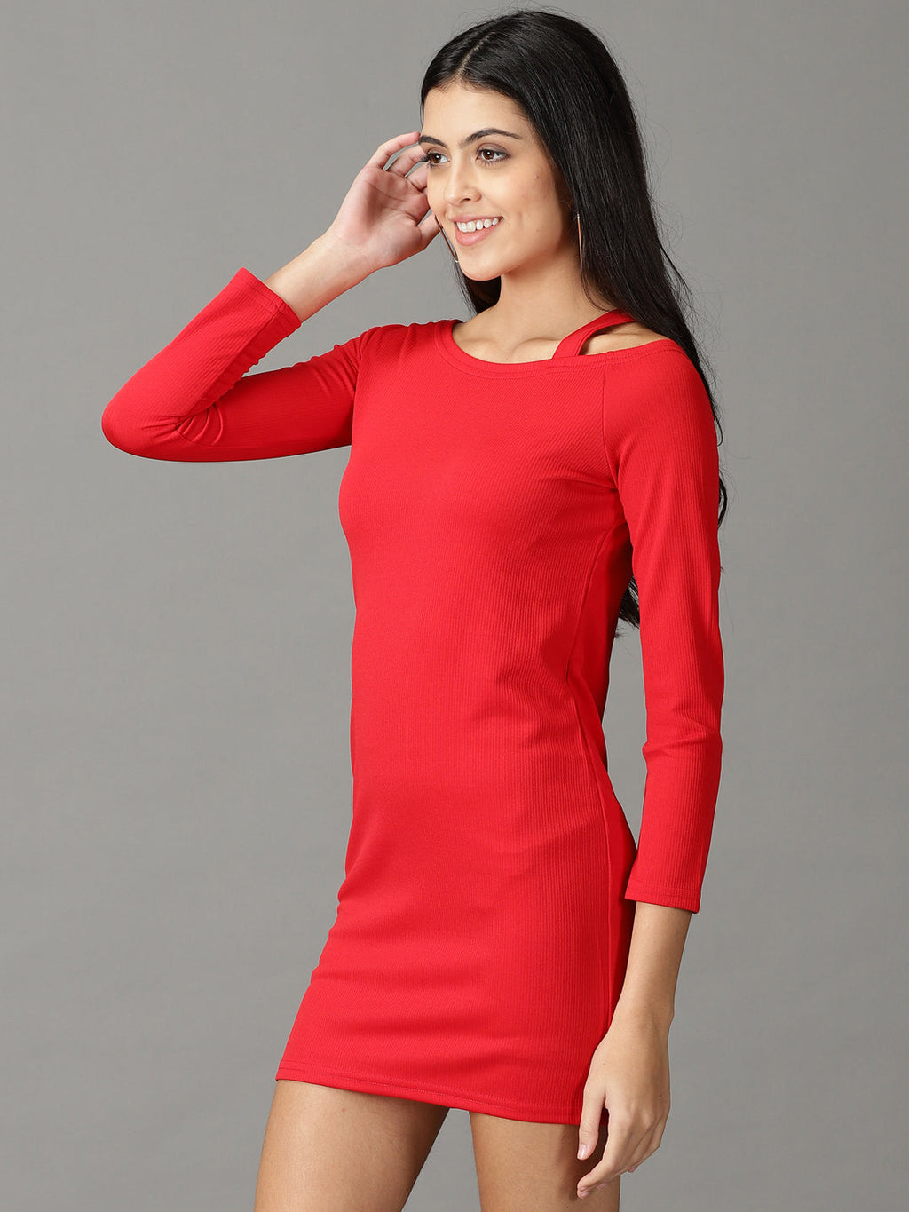 Women's Red Long Sleeves Acrylic Mini Jumper Dress