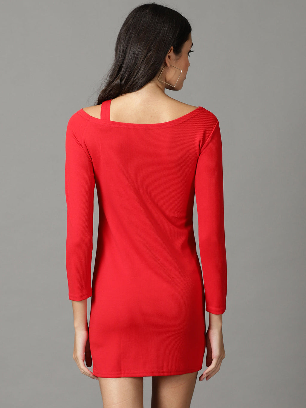 Women's Red Long Sleeves Acrylic Mini Jumper Dress