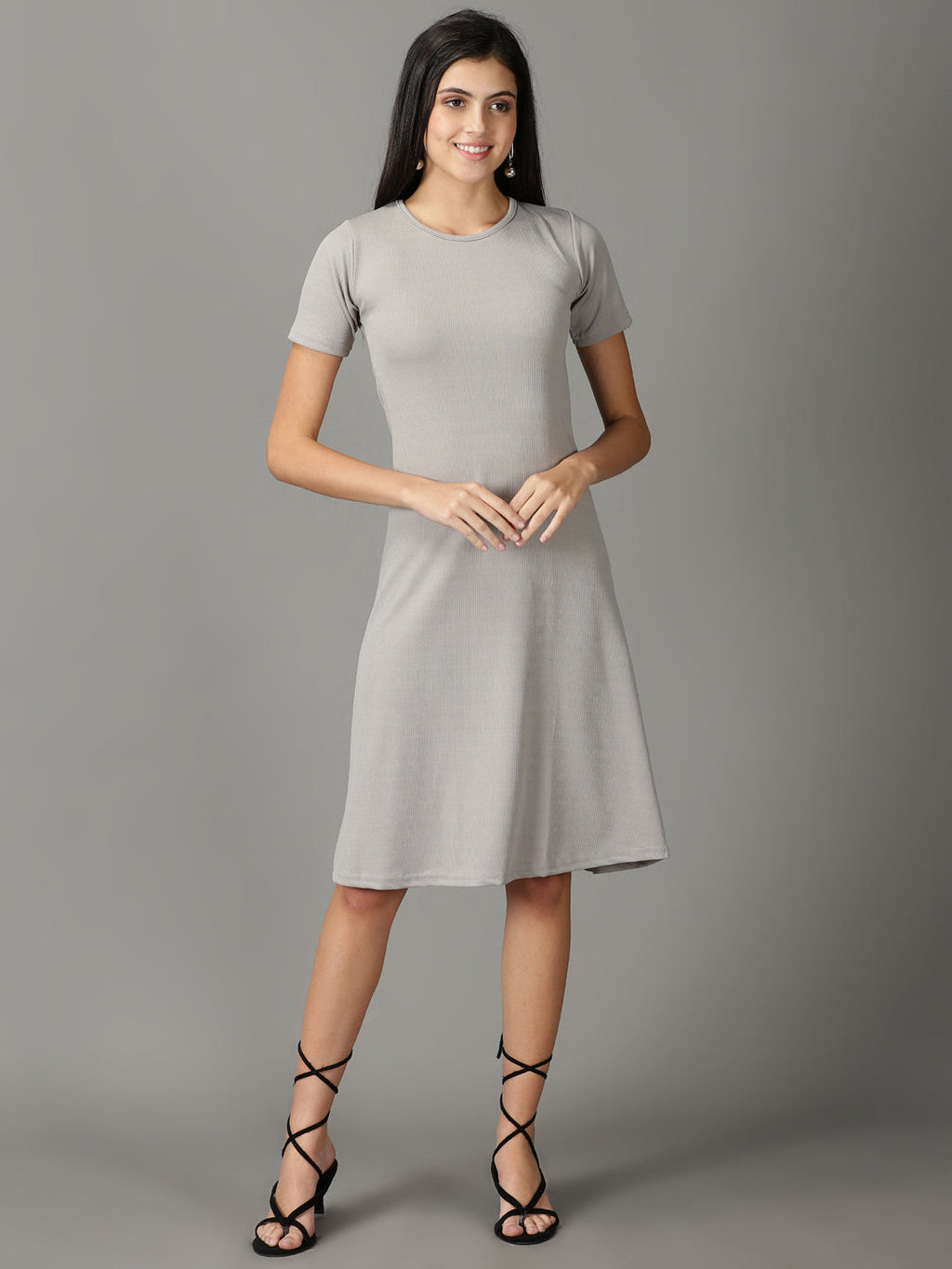 Women's Grey Round Neck A-Line Dress