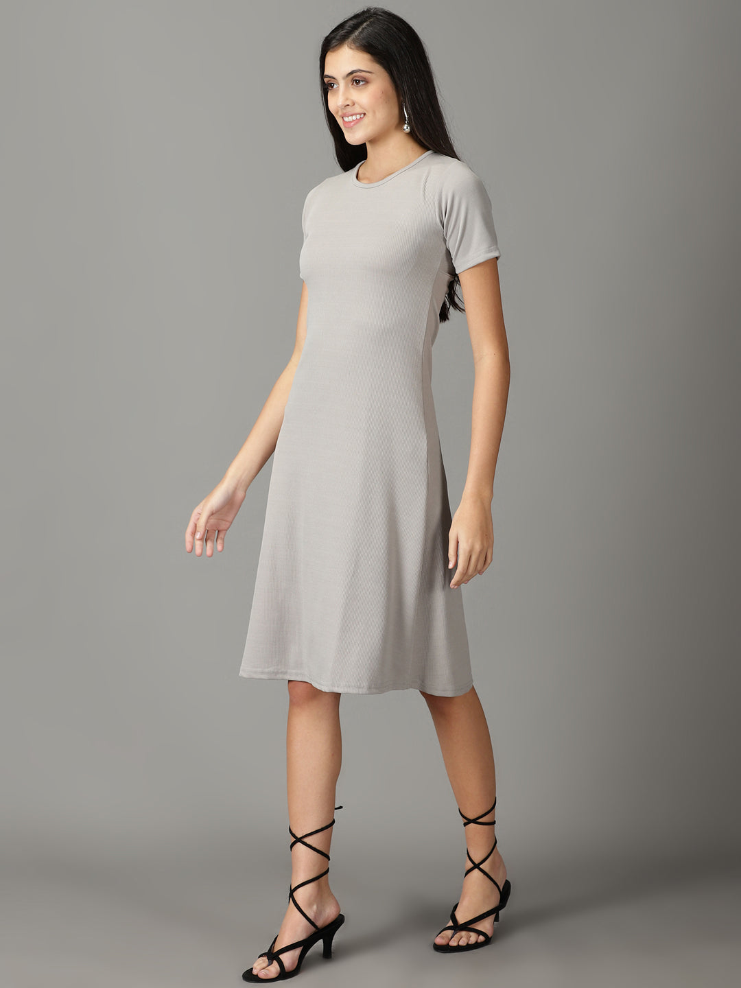 Women's Grey Round Neck A-Line Dress
