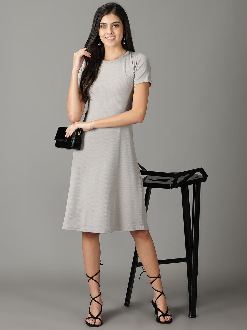 Women's Grey Round Neck A-Line Dress