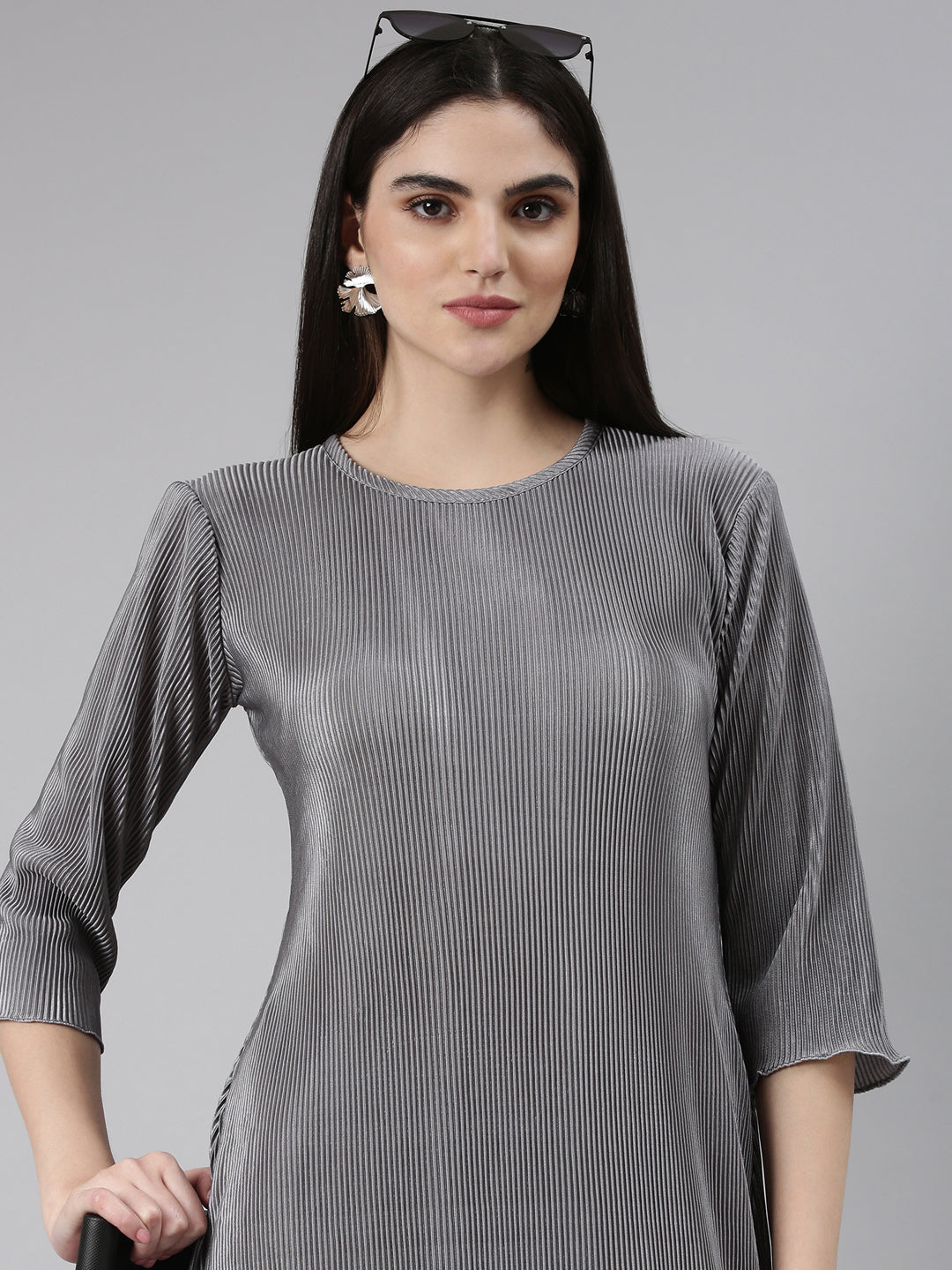 Women's Grey Self Design Satin A-Line Dress