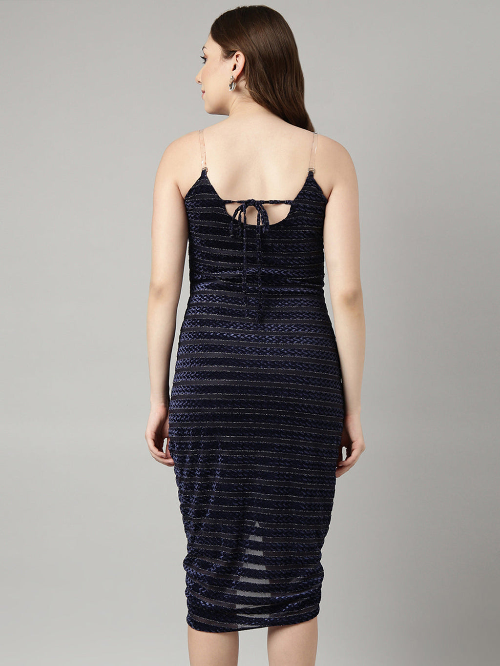 Women's Navy Blue V-Neck Shoulder Straps Bodycon Party Dress