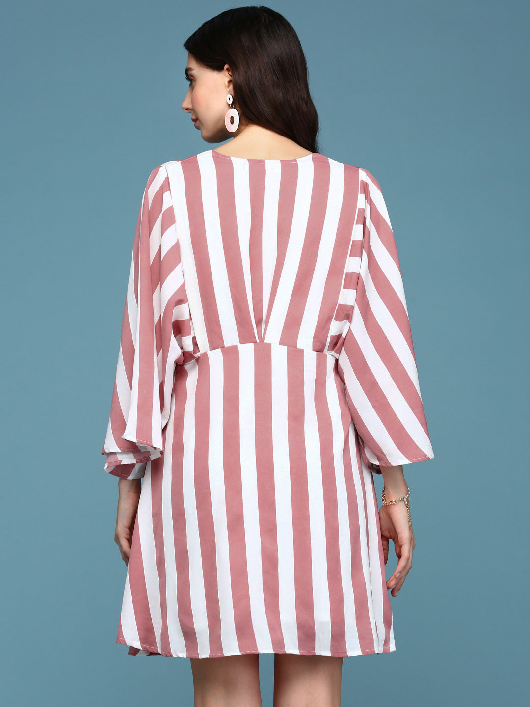 Women's Mauve Striped V-Neck Flared Sleeves A-Line Midi Dress