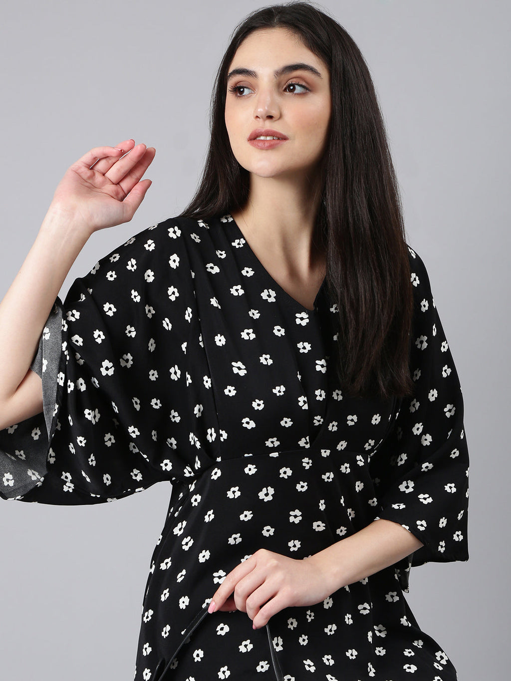 Women's Black Floral Printed Flared Sleeve A-Line Dress