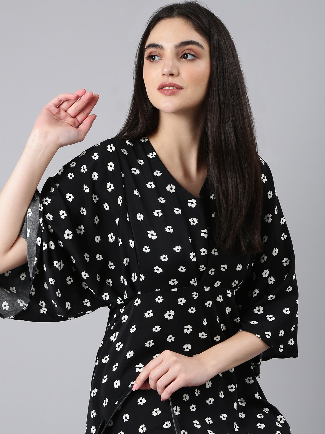 Women's Black Floral Printed Flared Sleeve A-Line Dress
