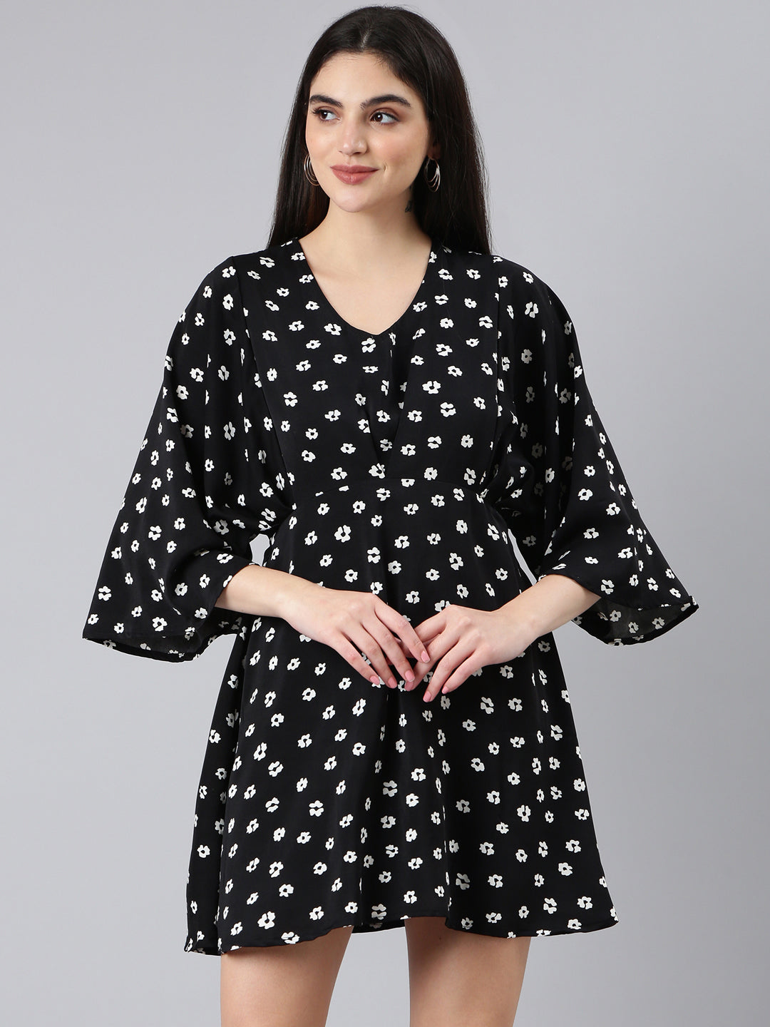 Women's Black Floral Printed Flared Sleeve A-Line Dress