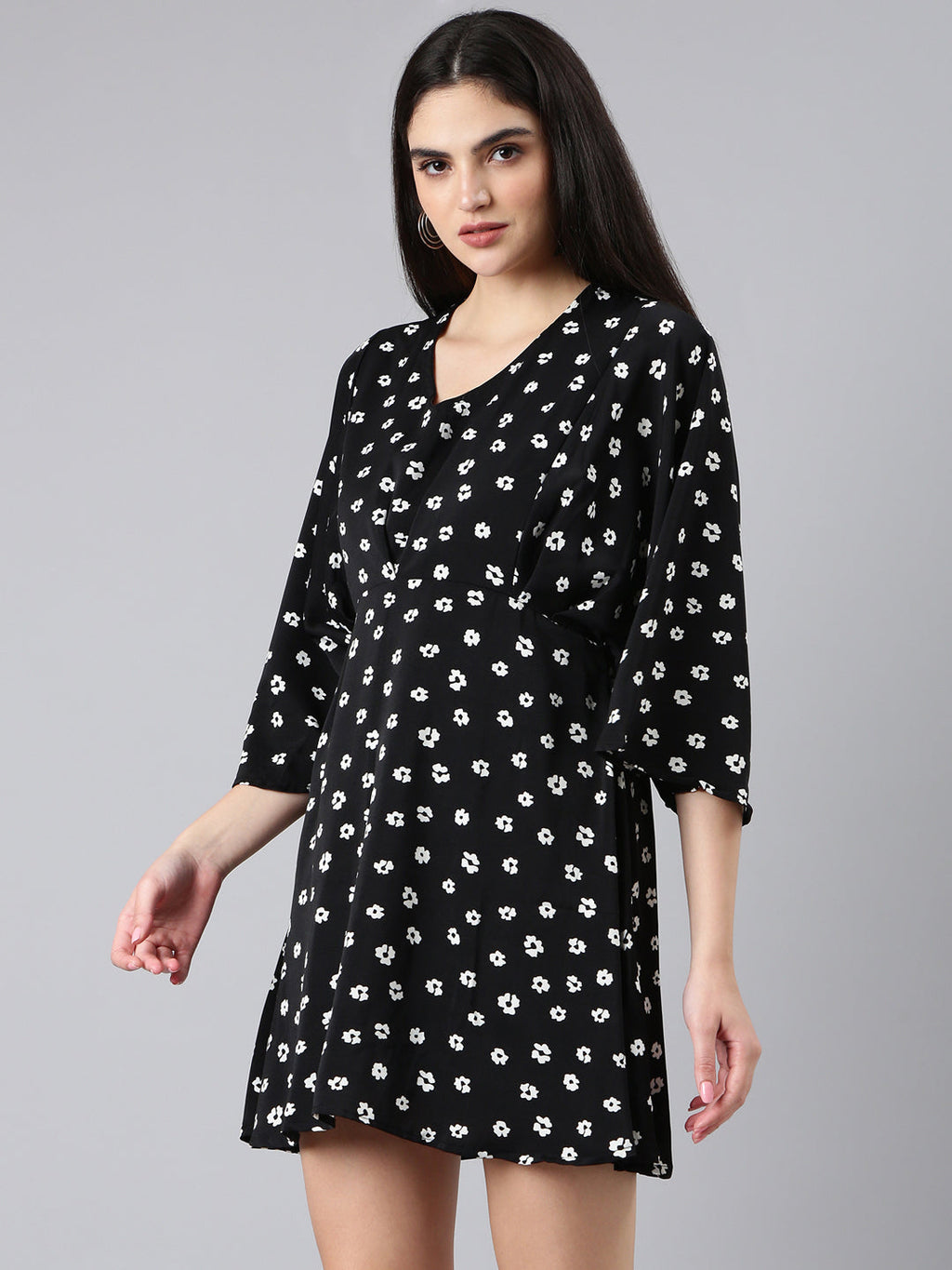 Women's Black Floral Printed Flared Sleeve A-Line Dress