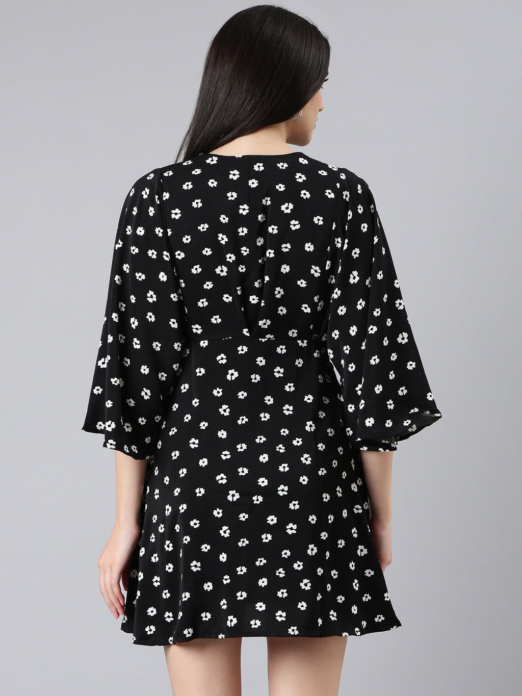 Women's Black Floral Printed Flared Sleeve A-Line Dress