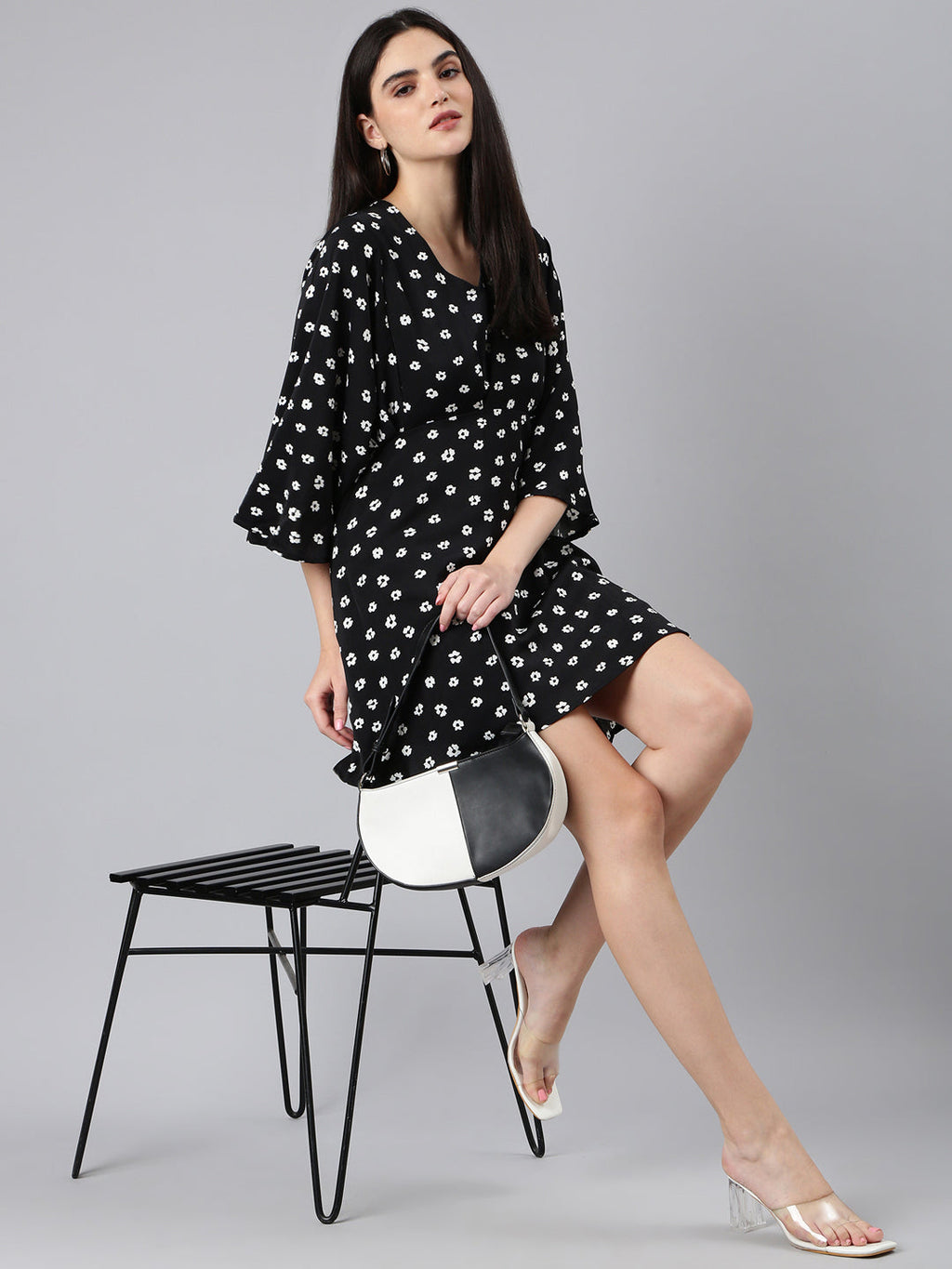 Women's Black Floral Printed Flared Sleeve A-Line Dress