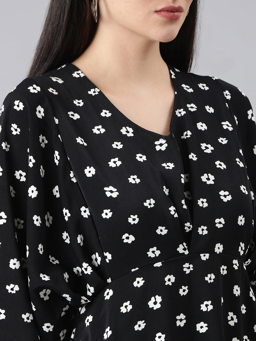 Women's Black Floral Printed Flared Sleeve A-Line Dress