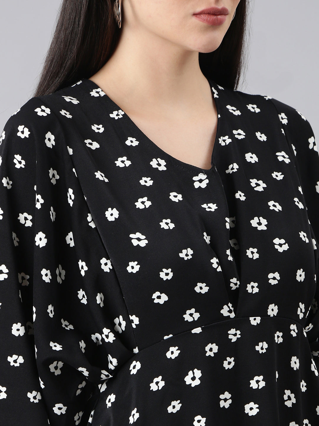 Women's Black Floral Printed Flared Sleeve A-Line Dress