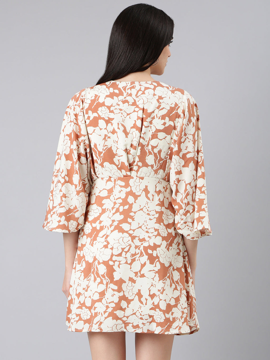 Women's Rust Floral Printed V-Neck Flared Sleeve Kaftan Dress