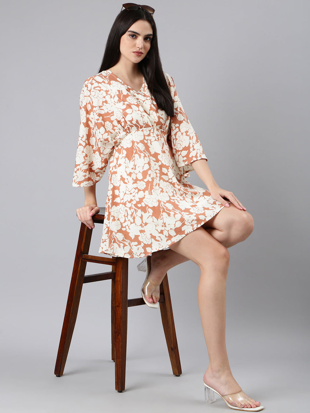 Women's Rust Floral Printed V-Neck Flared Sleeve Kaftan Dress