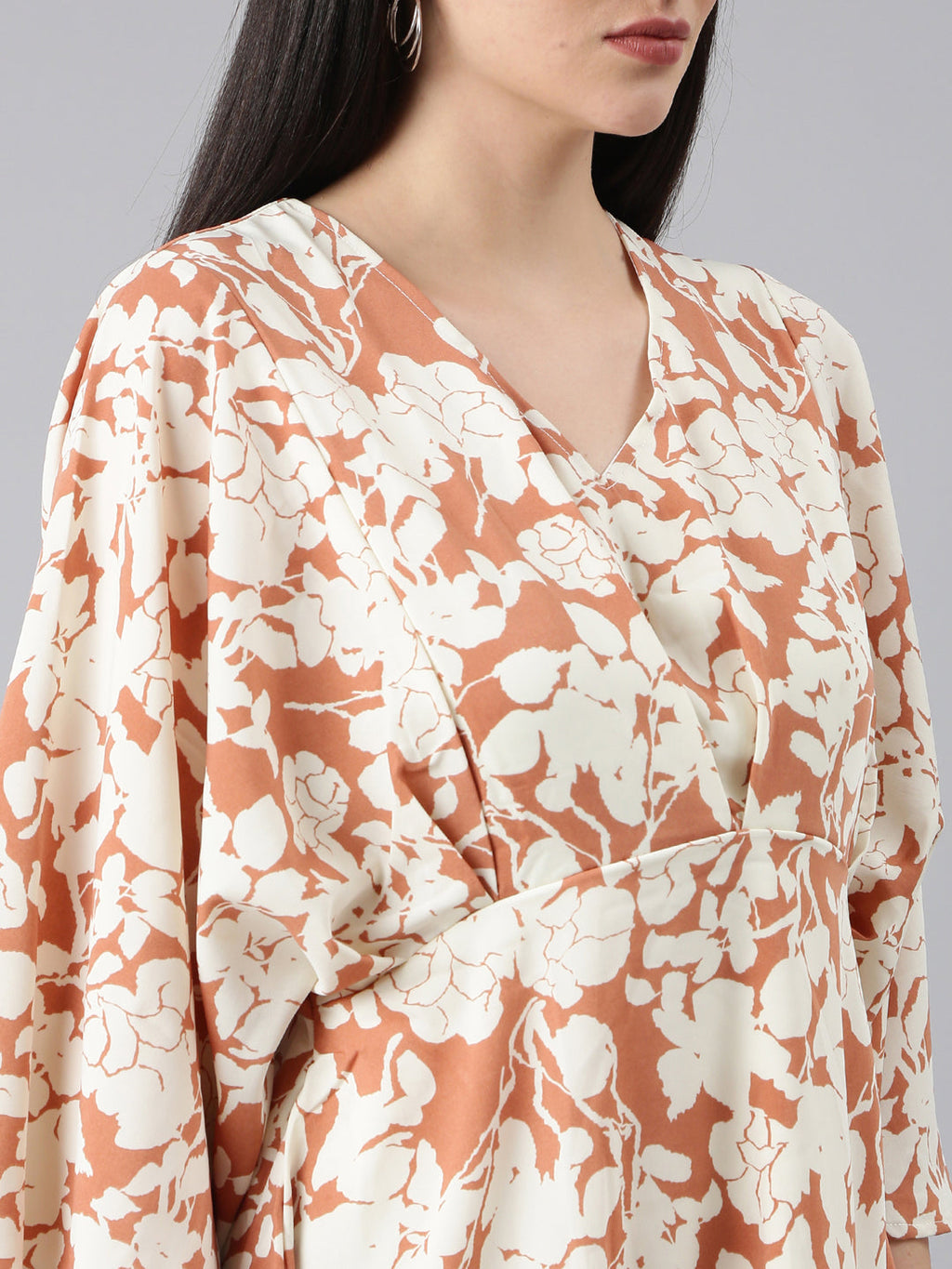 Women's Rust Floral Printed V-Neck Flared Sleeve Kaftan Dress