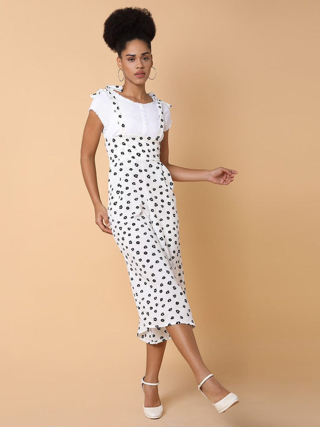 Women's White Floral Printed Capri Jumpsuit