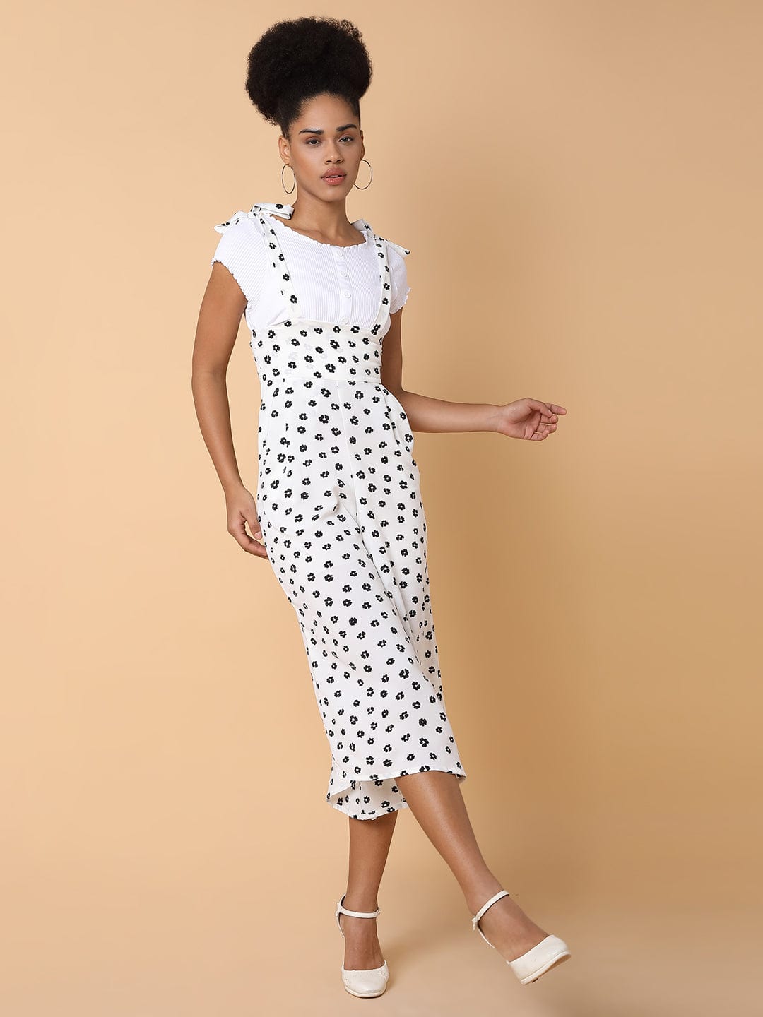 Women's White Floral Printed Capri Jumpsuit