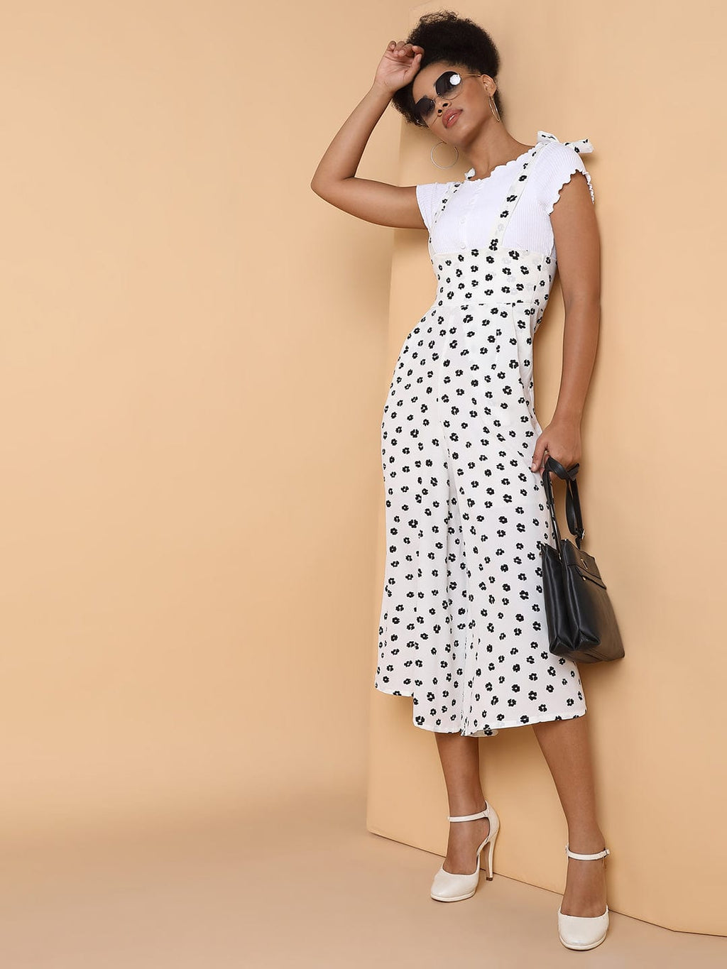 Women's White Floral Printed Capri Jumpsuit