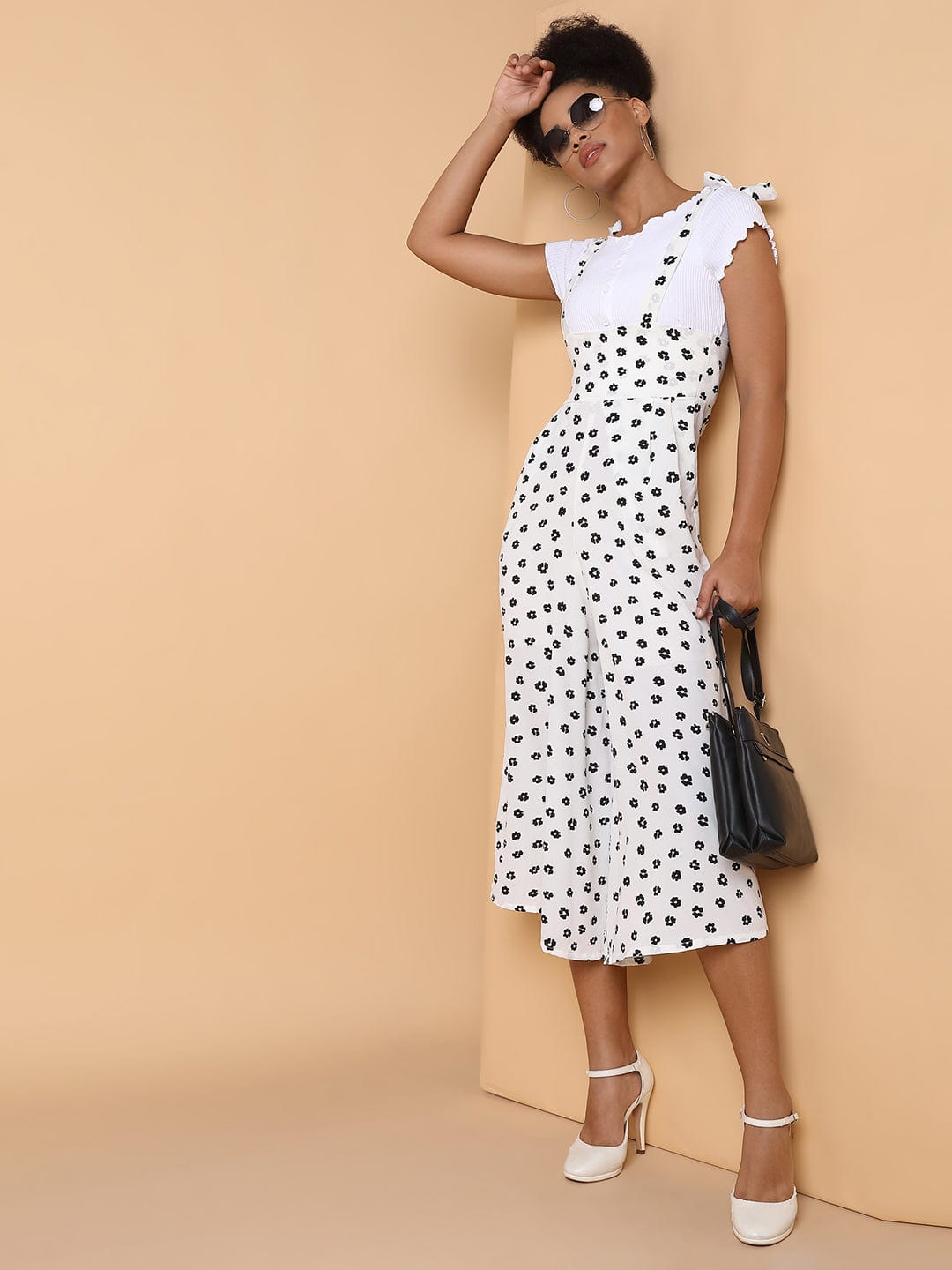 Women's White Floral Printed Capri Jumpsuit