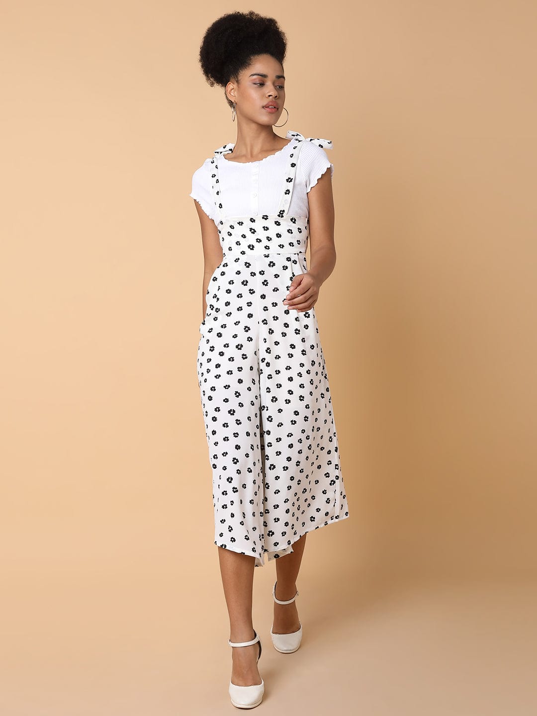 Women's White Floral Printed Capri Jumpsuit