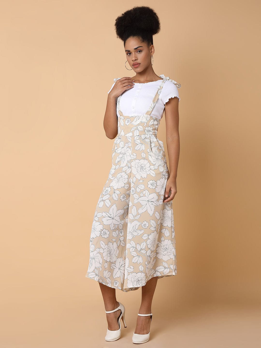 Women's Beige Printed Capri Jumpsuit