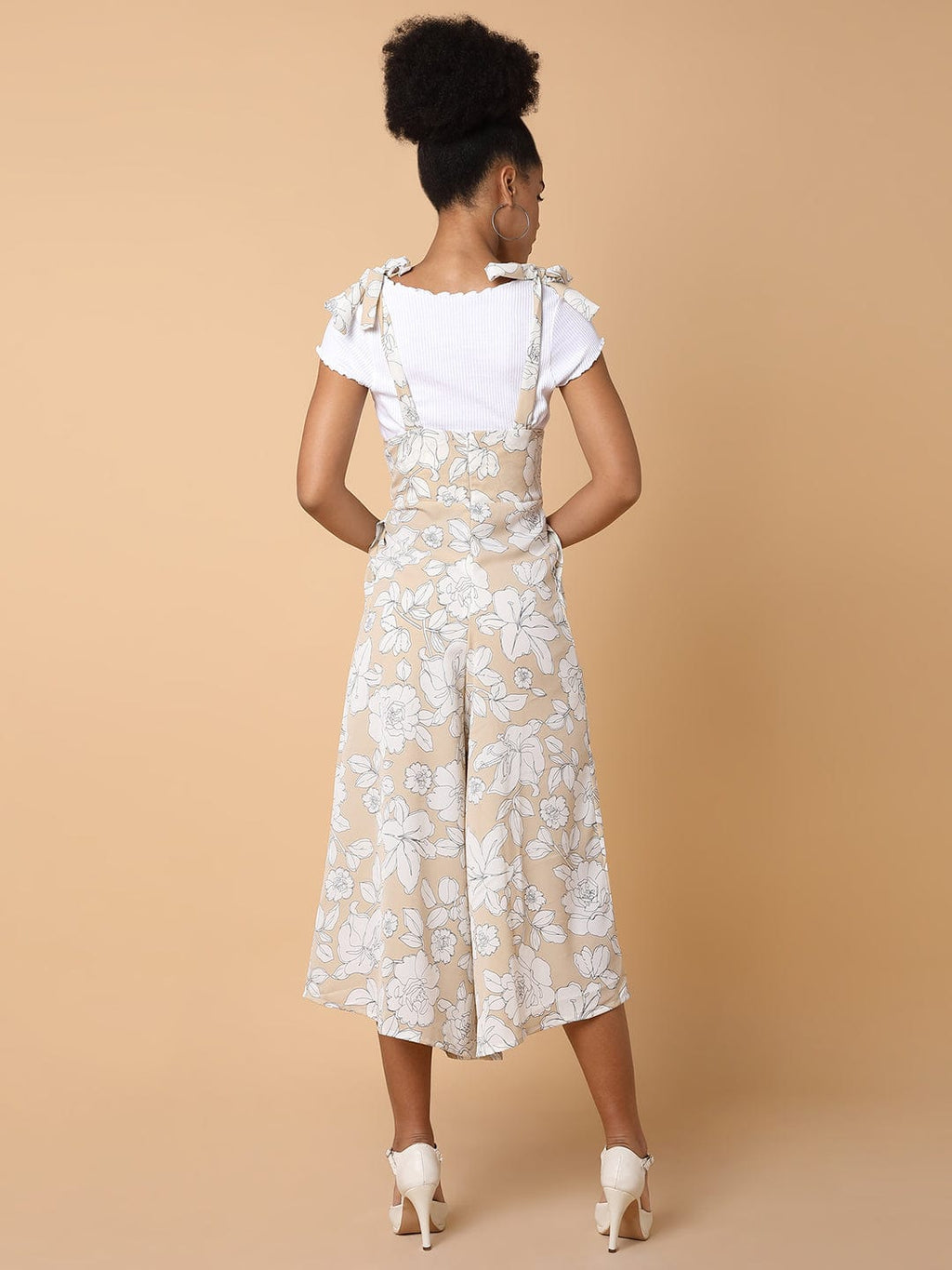 Women's Beige Printed Capri Jumpsuit