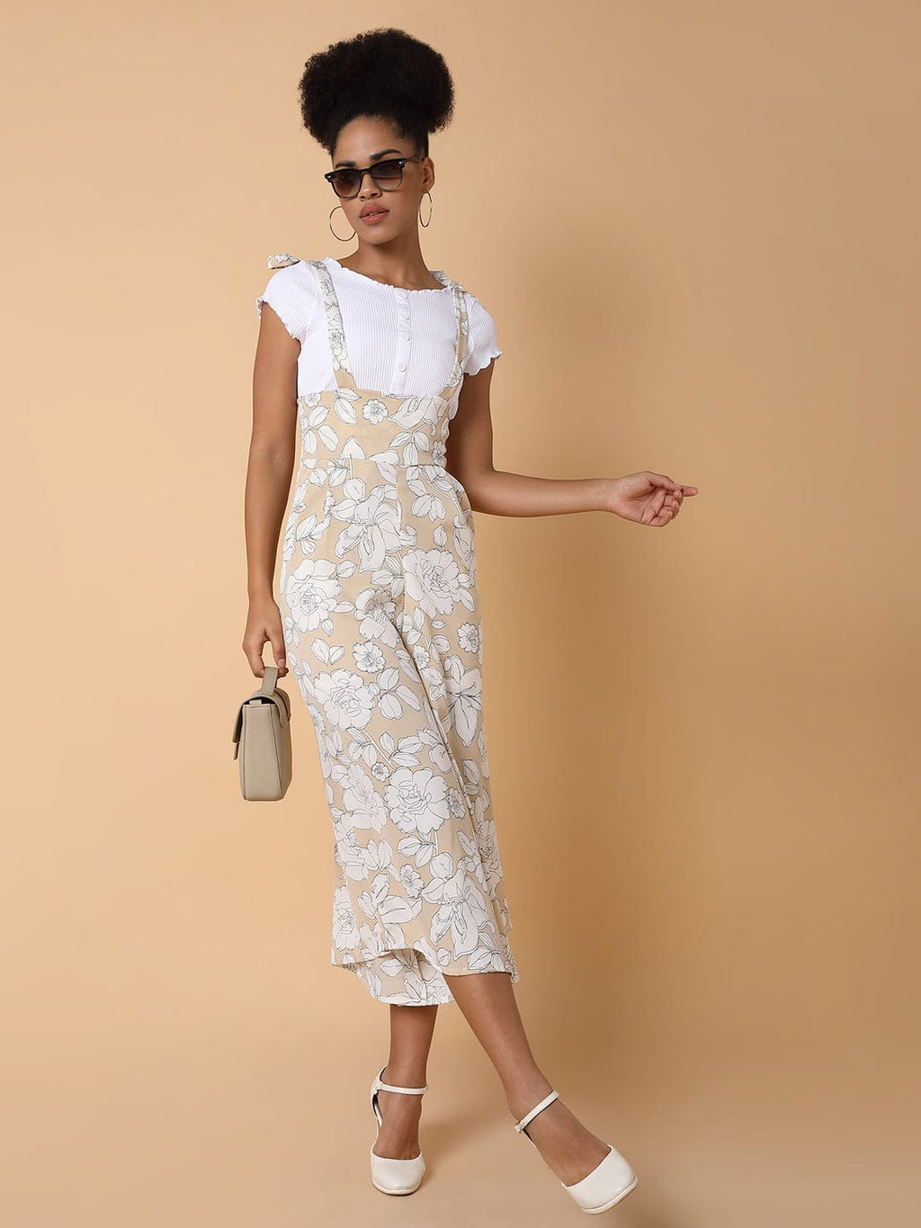 Women's Beige Printed Capri Jumpsuit